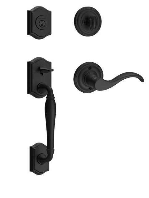 The Baldwin Reserve Westcliff Handleset with Interior Curve Lever with Traditional Round Rosette in Satin Black finish.