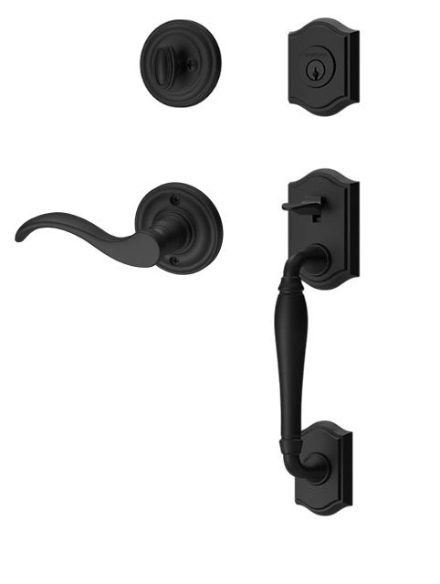 The Baldwin Reserve Westcliff Handleset with Interior Curve Lever with Traditional Round Rosette in Satin Black finish.