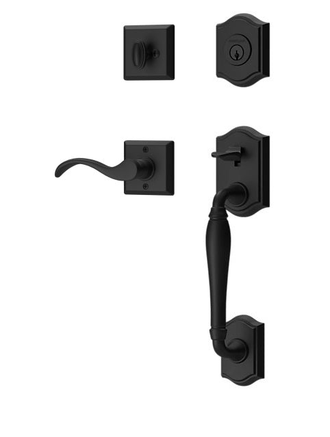 The Baldwin Reserve Westcliff Handleset with Interior Curve Lever with Traditional Square Rosette in Satin Black finish.