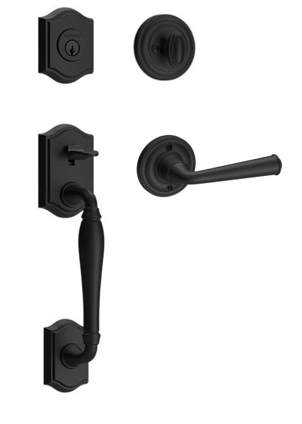 The Baldwin Reserve Westcliff Handleset with Interior Federal Lever with Traditional Round Rosette in Satin Black finish.