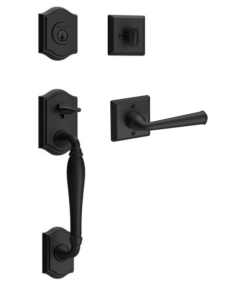 The Baldwin Reserve Westcliff Handleset with Interior Federal Lever with Traditional Square Rosette in Satin Black finish.