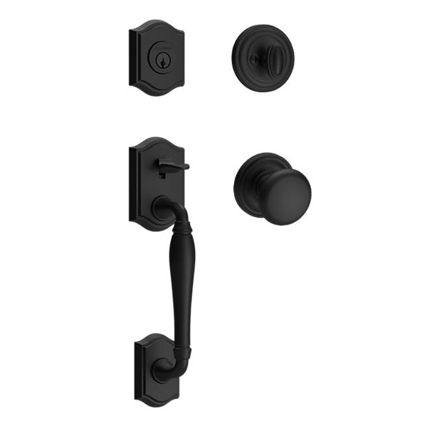 The Baldwin Reserve Westcliff Handleset with Interior Round Knob with Traditional Round Rosette in Satin Black finish.