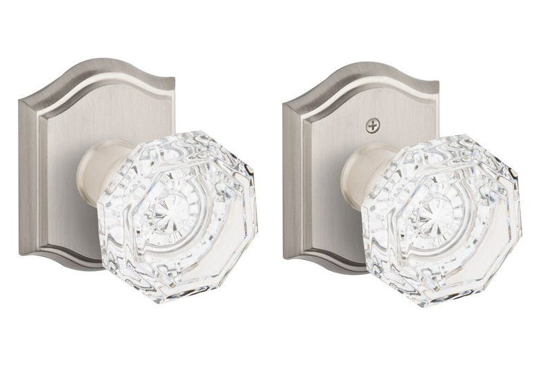The Baldwin Reserve Crystal Knob with Traditional Arch Rosette in Satin Nickel finish.