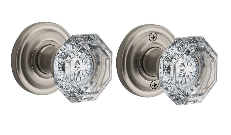 The Baldwin Reserve Crystal Knob with Traditional Round Rosette in Satin Nickel finish.
