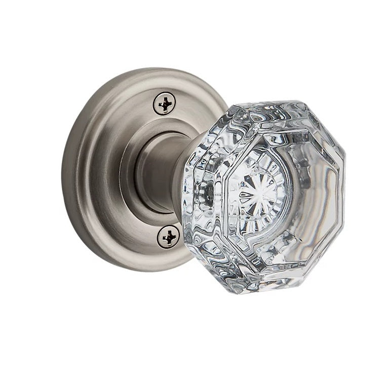 The Baldwin Reserve Crystal Knob with Traditional Round Rosette in Satin Nickel finish.