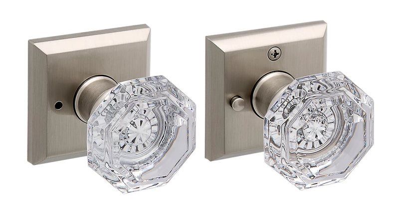 The Baldwin Reserve Crystal Knob with Traditional Square Rosette in Satin Nickel finish.