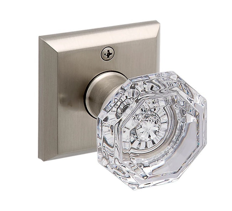 The Baldwin Reserve Crystal Knob with Traditional Square Rosette in Satin Nickel finish.