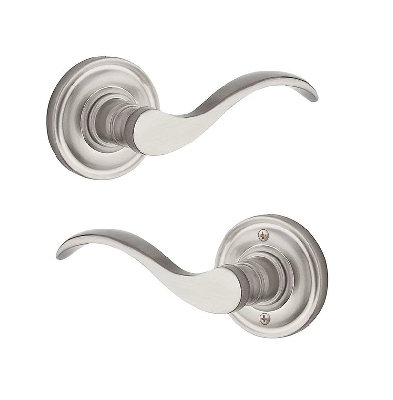 The Baldwin Reserve Curve Lever with Traditional Round Rosette in Satin Nickel finish.