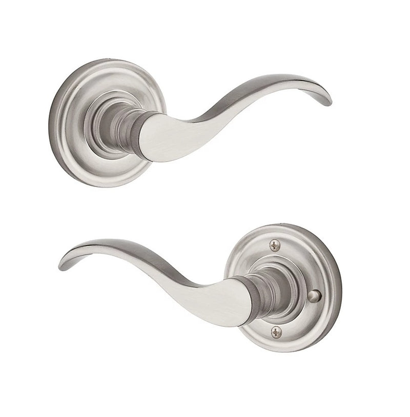 The Baldwin Reserve Curve Lever with Traditional Round Rosette in Satin Nickel finish.