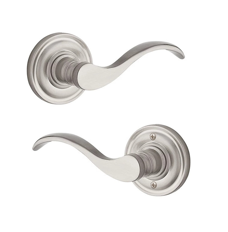 The Baldwin Reserve Curve Lever with Traditional Round Rosette in Satin Nickel finish.