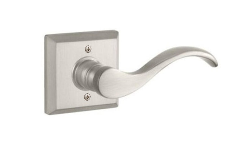 The Baldwin Reserve Curve Lever with Traditional Square Rosette in Satin Nickel finish.