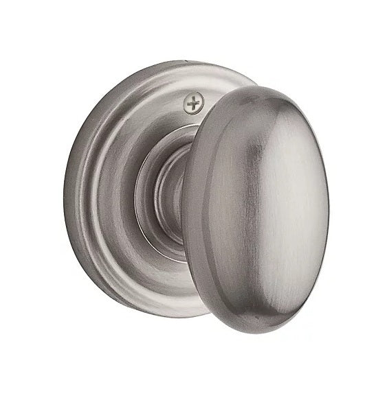 The Baldwin Reserve Ellipse Knob with Traditional Round Rosette in Satin Nickel finish.