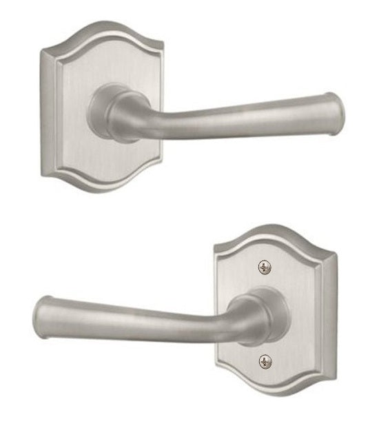 The Baldwin Reserve Federal Lever with Traditional Arch Rosette in Satin Nickel finish.
