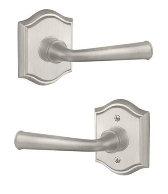 The Baldwin Reserve Federal Lever with Traditional Arch Rosette in Satin Nickel finish.