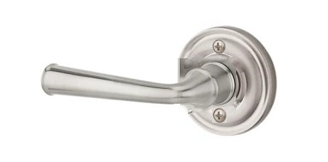 The Baldwin Reserve Federal Lever with Traditional Round Rosette in Satin Nickel finish.