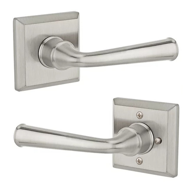 The Baldwin Reserve Federal Lever with Traditional Square Rosette in Satin Nickel finish.