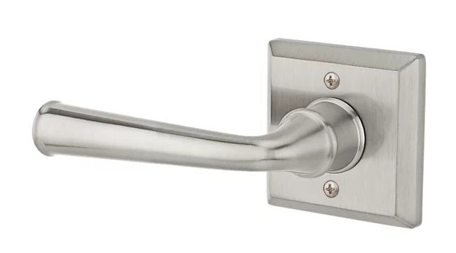 The Baldwin Reserve Federal Lever with Traditional Square Rosette in Satin Nickel finish.
