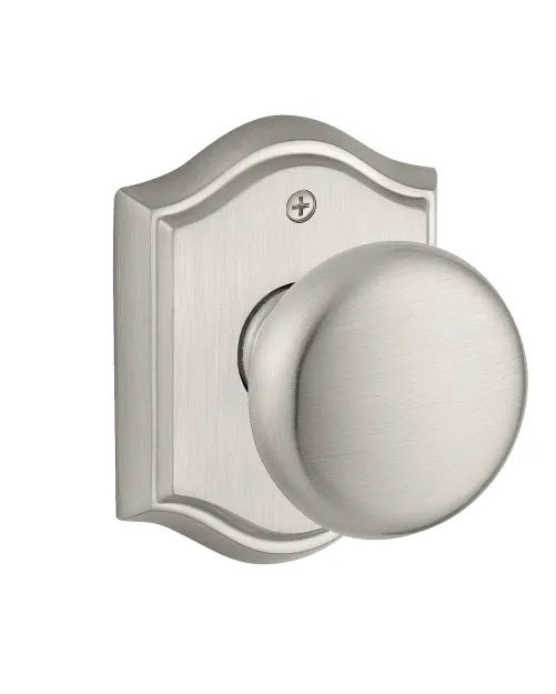 The Baldwin Reserve Round Knob with Traditional Arch Rosette in Satin Nickel finish.
