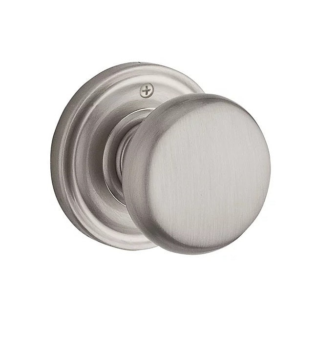 The Baldwin Reserve Round Knob with Traditional Round Rosette in Satin Nickel finish.