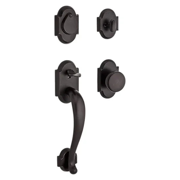 The Baldwin Reserve Adirondack Handleset with Interior Rustic Knob with Rustic Arch Rosette in Single Cylinder finish.