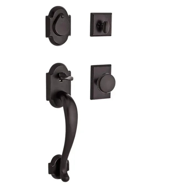 The Baldwin Reserve Adirondack Handleset with Interior Rustic Knob with Rustic Square Rosette in Single Cylinder finish.