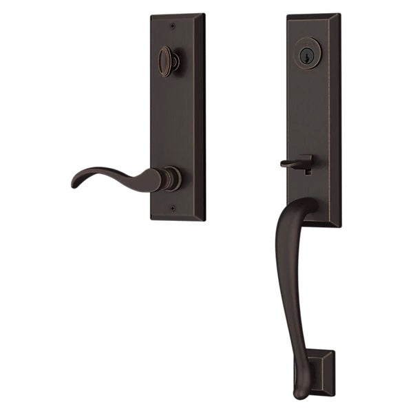 The Baldwin Reserve Del Mar Handleset with Interior Curve Lever with Square Bevel Rosette in Venetian Bronze finish.