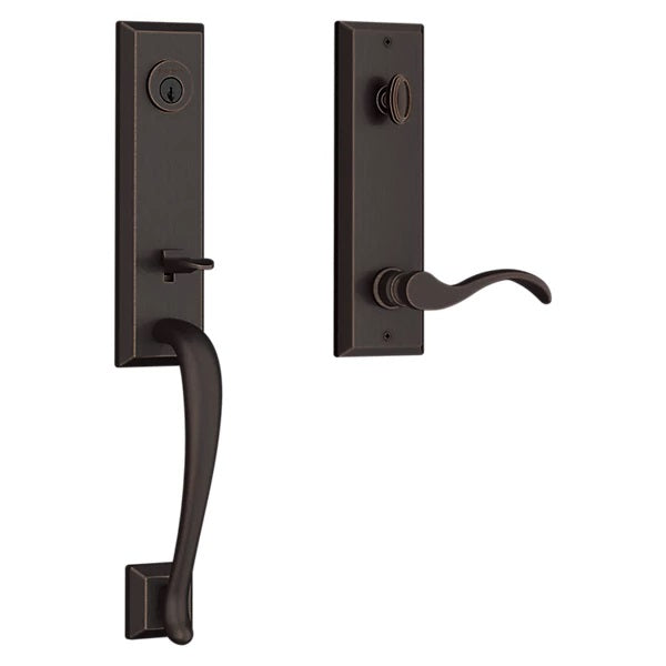 The Baldwin Reserve Del Mar Handleset with Interior Curve Lever with Square Bevel Rosette in Venetian Bronze finish.