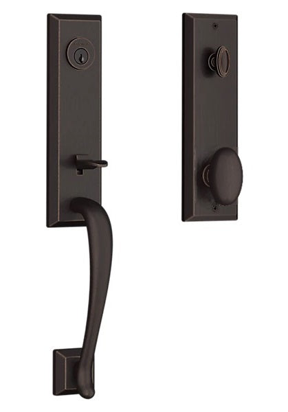 The Baldwin Reserve Del Mar Handleset with Interior Ellipse Knob with Square Bevel Rosette in Venetian Bronze finish.