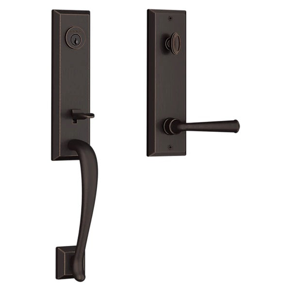 The Baldwin Reserve Del Mar Handleset with Interior Federal Lever with Square Bevel Rosette in Venetian Bronze finish.