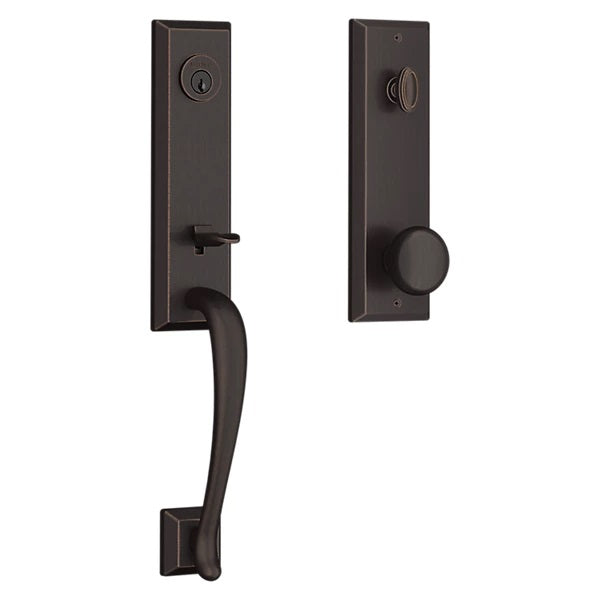 The Baldwin Reserve Del Mar Handleset with Interior Round Knob with Square Bevel Rosette in Venetian Bronze finish.