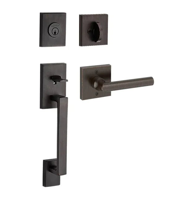 The Baldwin Reserve La Jolla Handleset with Interior Tube Lever with Contemporary Square Rosette in Venetian Bronze finish.