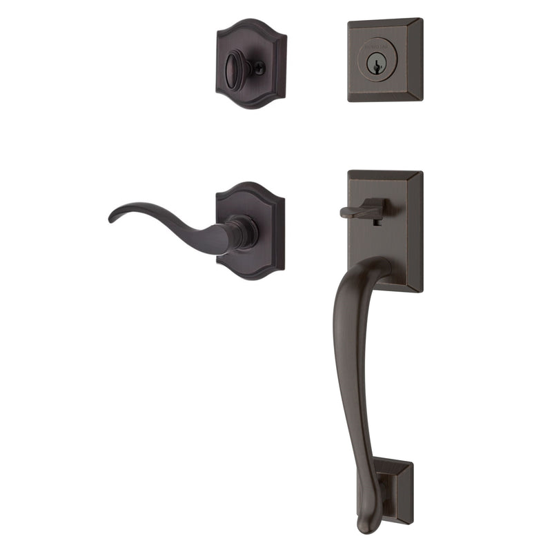 The Baldwin Reserve Napa Handleset with Interior Curve Lever with Traditional Arch Rosette in Venetian Bronze finish.