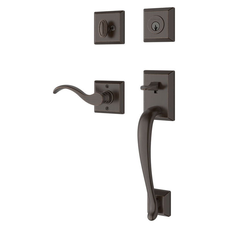 The Baldwin Reserve Napa Handleset with Interior Curve Lever with Traditional Square Rosette in Venetian Bronze finish.