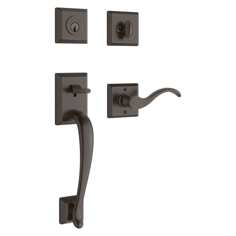 The Baldwin Reserve Napa Handleset with Interior Curve Lever with Traditional Square Rosette in Venetian Bronze finish.