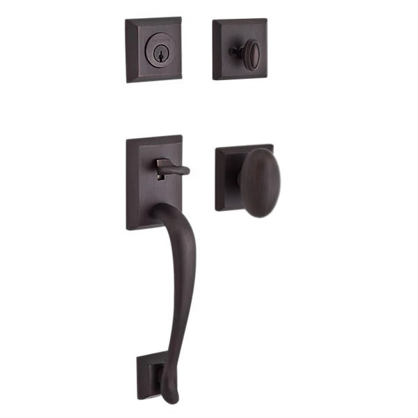 The Baldwin Reserve Napa Handleset with Interior Ellipse Knob with Traditional Square Rosette in Venetian Bronze finish.