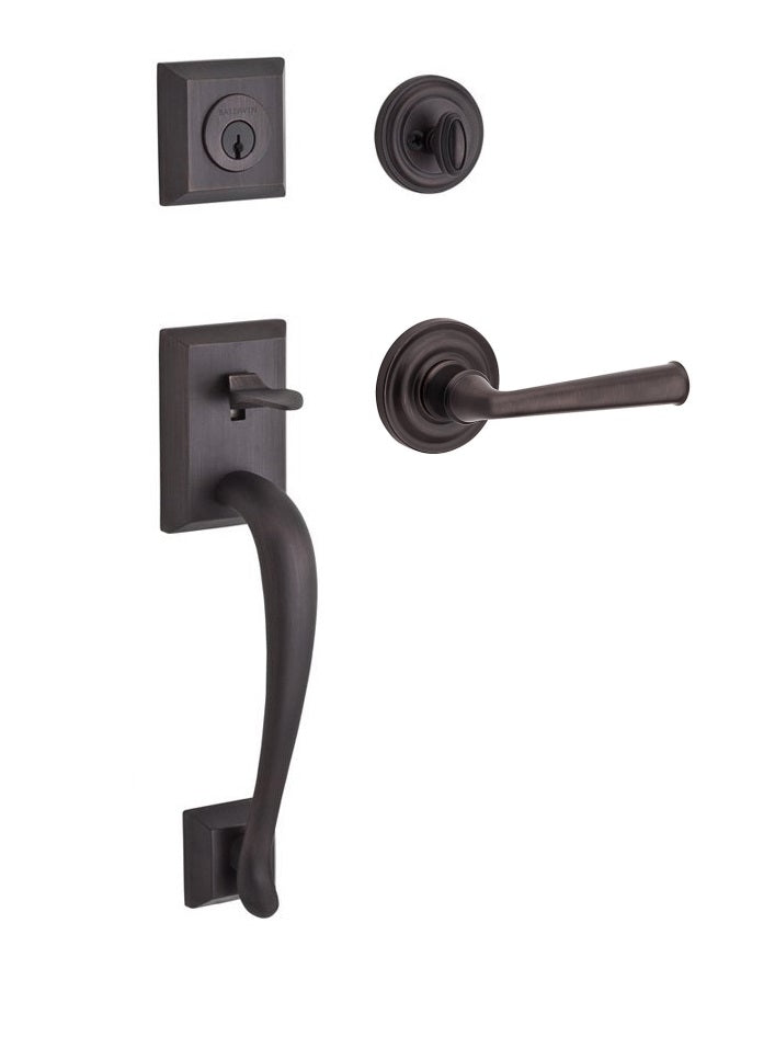 The Baldwin Reserve Napa Handleset with Interior Federal Lever with Traditional Round Rosette in Venetian Bronze finish.