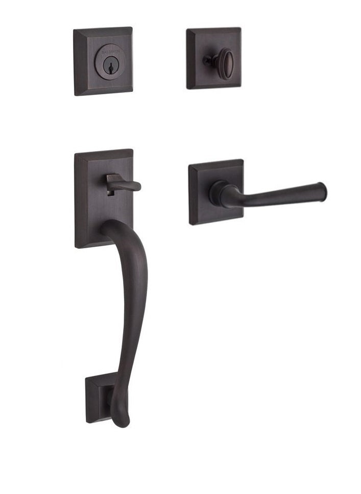 The Baldwin Reserve Napa Handleset with Interior Federal Lever with Traditional Square Rosette in Venetian Bronze finish.