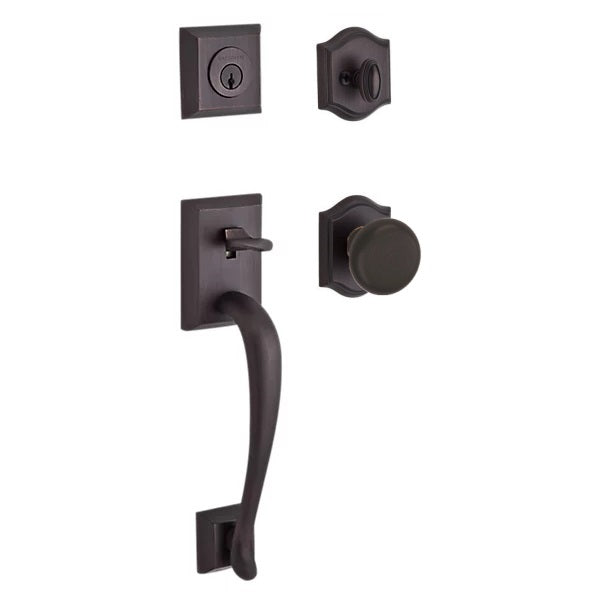 The Baldwin Reserve Napa Handleset with Interior Round Knob with Traditional Arch Rosette in Venetian Bronze finish.