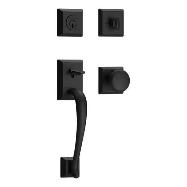 The Baldwin Reserve Napa Handleset with Interior Round Knob with Traditional Square Rosette in Venetian Bronze finish.