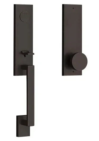 The Baldwin Reserve Seattle Handleset with Interior Contemporary Knob with Contemporary Square Escutcheon in Venetian Bronze finish.