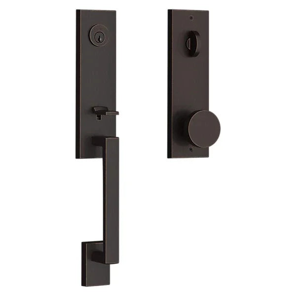 The Baldwin Reserve Seattle Handleset with Interior Contemporary Knob with Contemporary Square Escutcheon in Venetian Bronze finish.