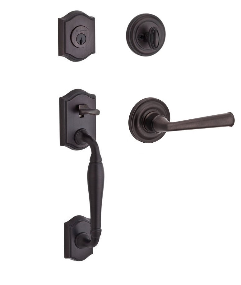 The Baldwin Reserve Westcliff Handleset with Interior Federal Lever with Traditional Round Rosette in Venetian Bronze finish.