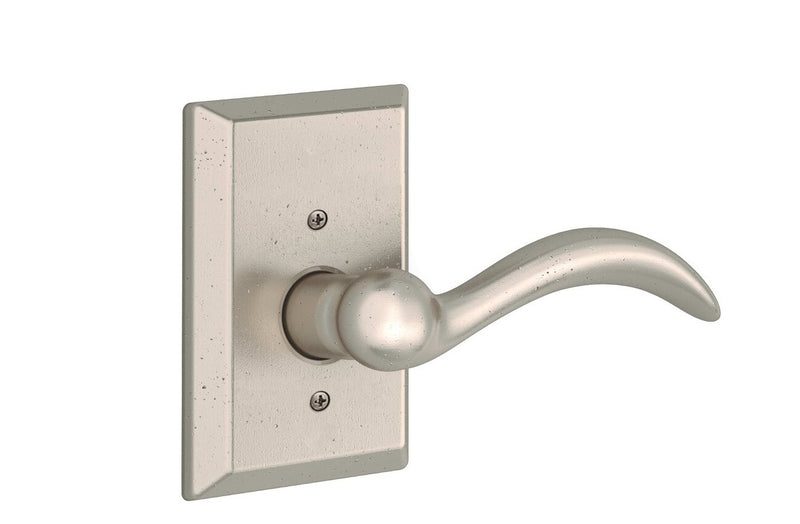 The Baldwin Reserve Arch Lever with Rustic Square Rosette in White Bronze finish.