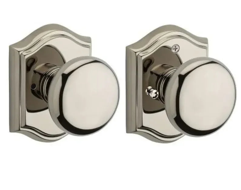 Baldwin Round Knob with Traditional Arch Rosette Lifetime Polished Nickel