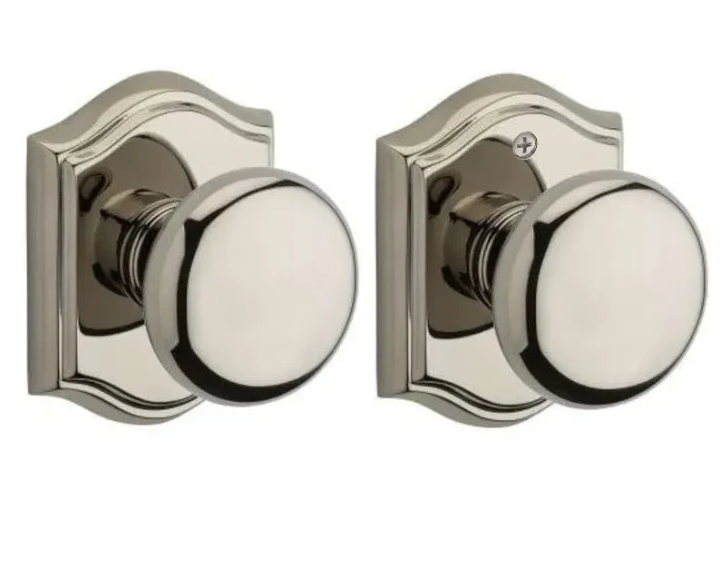 Baldwin Round Knob with Traditional Arch Rosette Lifetime Polished Nickel