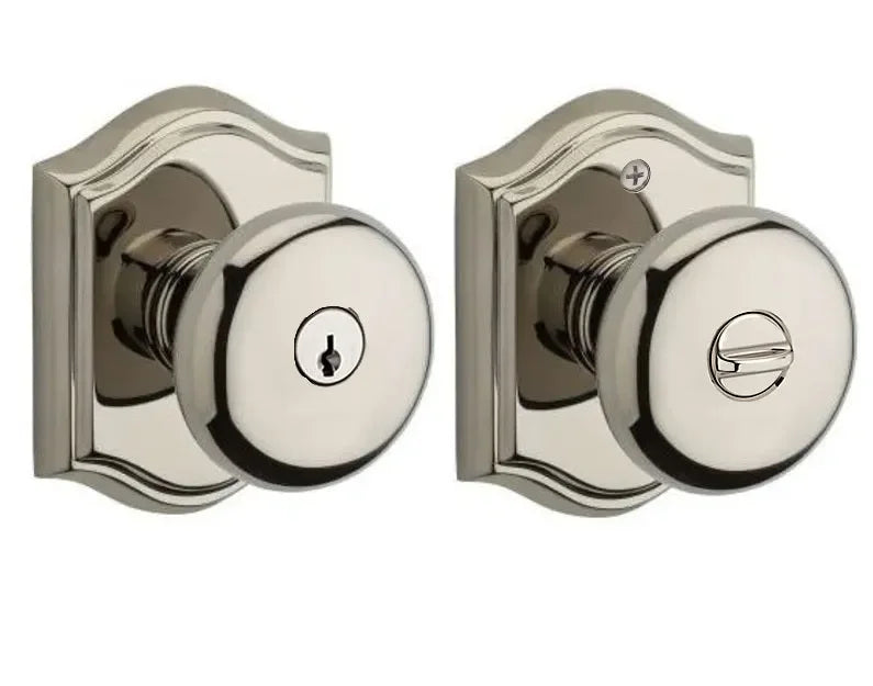 Baldwin Round Knob with Traditional Arch Rosette Lifetime Polished Nickel