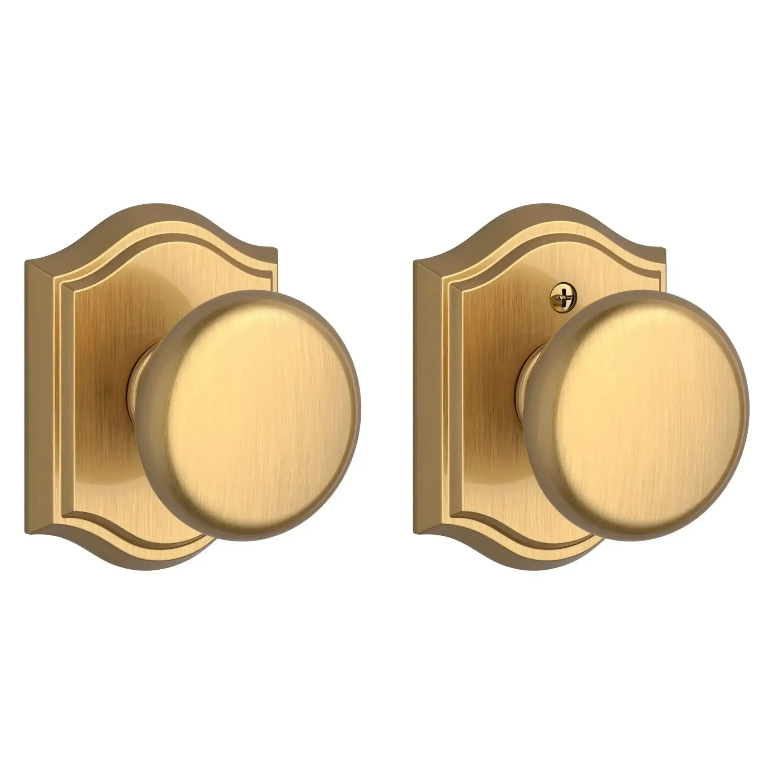 Baldwin Round Knob with Traditional Arch Rosette in Lifetime Satin Brass finish