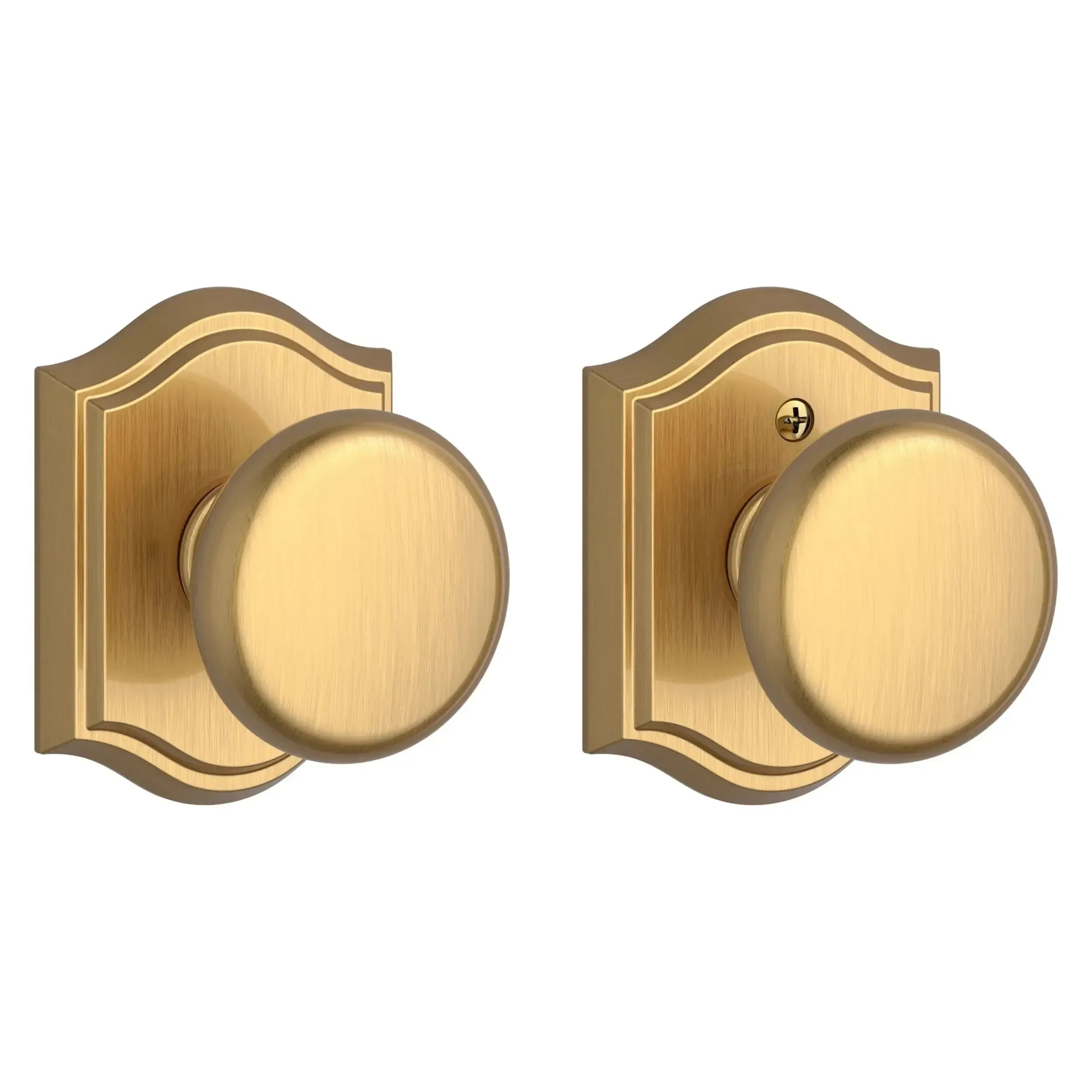 Baldwin Round Knob with Traditional Arch Rosette in Lifetime Satin Brass finish