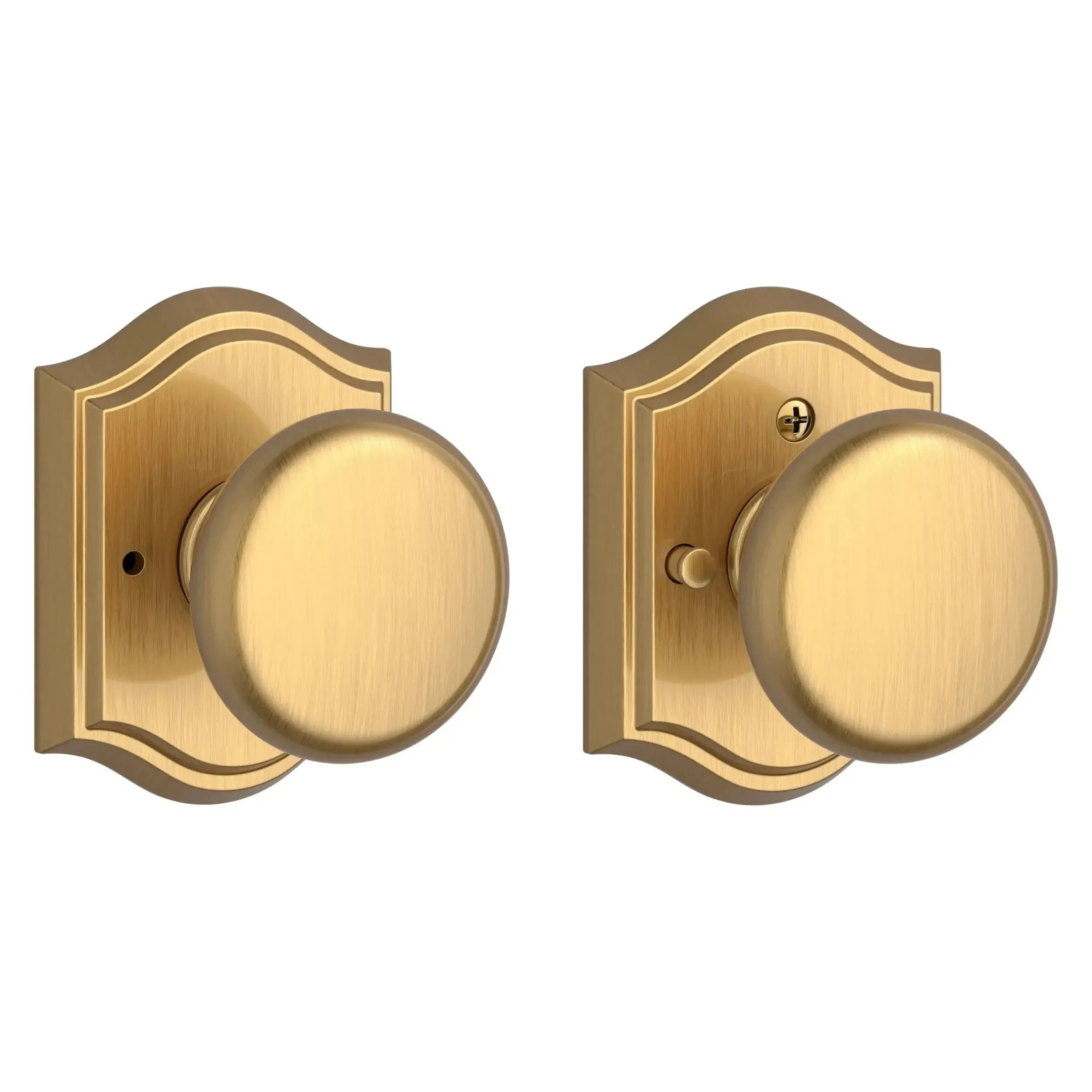 Baldwin Round Knob with Traditional Arch Rosette in Lifetime Satin Brass finish