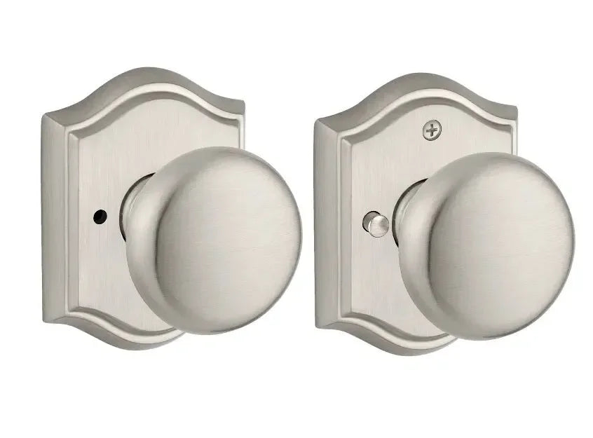 Baldwin Round Knob with Traditional Arch Rosette Satin Nickel